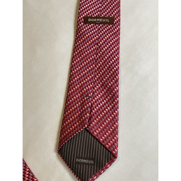 DORMEUIL Paris Men's 100% Silk Tie‎ ~ Red & Blue Geometric ~ - Picture 4 of 7